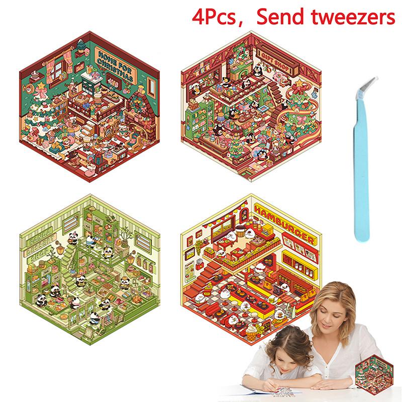 1/4Pcs Christmas Diy 3D Landscaping Stickers Miniature Scene Cabin Stickers Scene Stacking Pasting Cute Adult Child Gift