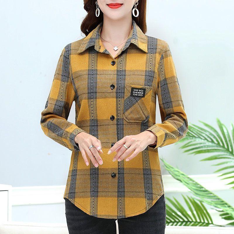 Spring Autumn Mom's Elegant Harajuku Plaid Tops Women Loose Casual All Match Lady Shirt Polo Collar Button Long Sleeve Shirt
