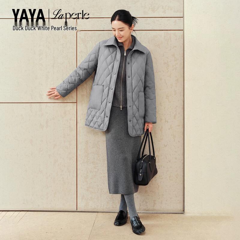 YAYA White Pearl Series Women's Diamond Quilted Goose Down Mid-Length Coat