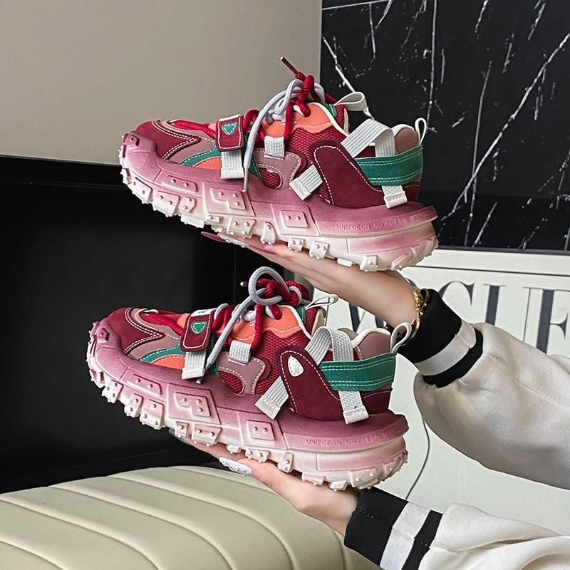 

Retro color matching women s autumn new thick-soled heightening mesh versatile casual sports shoes 35 бордовий
