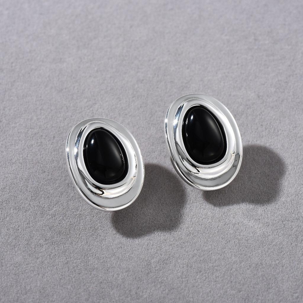 French Retro Niche Irregular Oval Black Agate Unique S925 Silver Needle Earrings Light Luxury High-End Earrings Women