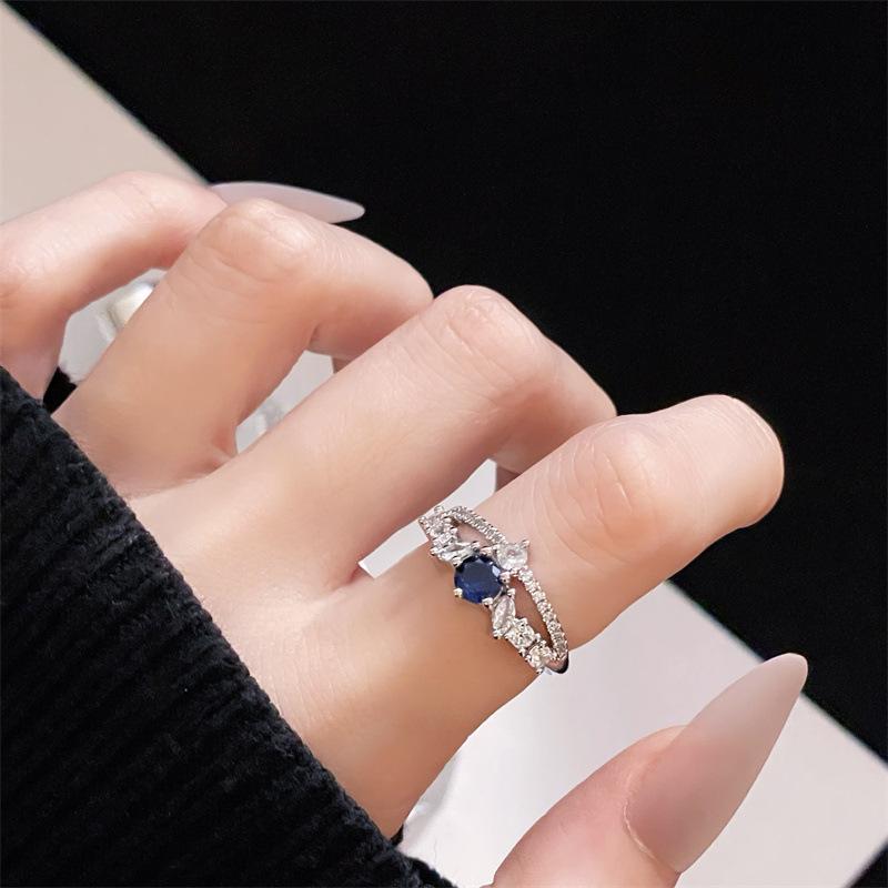 Aquamarine Series Open Ring Inlaid With Zircon Color Treasure Exquisite Light Luxury Cold Wind Temperament Ring Woman