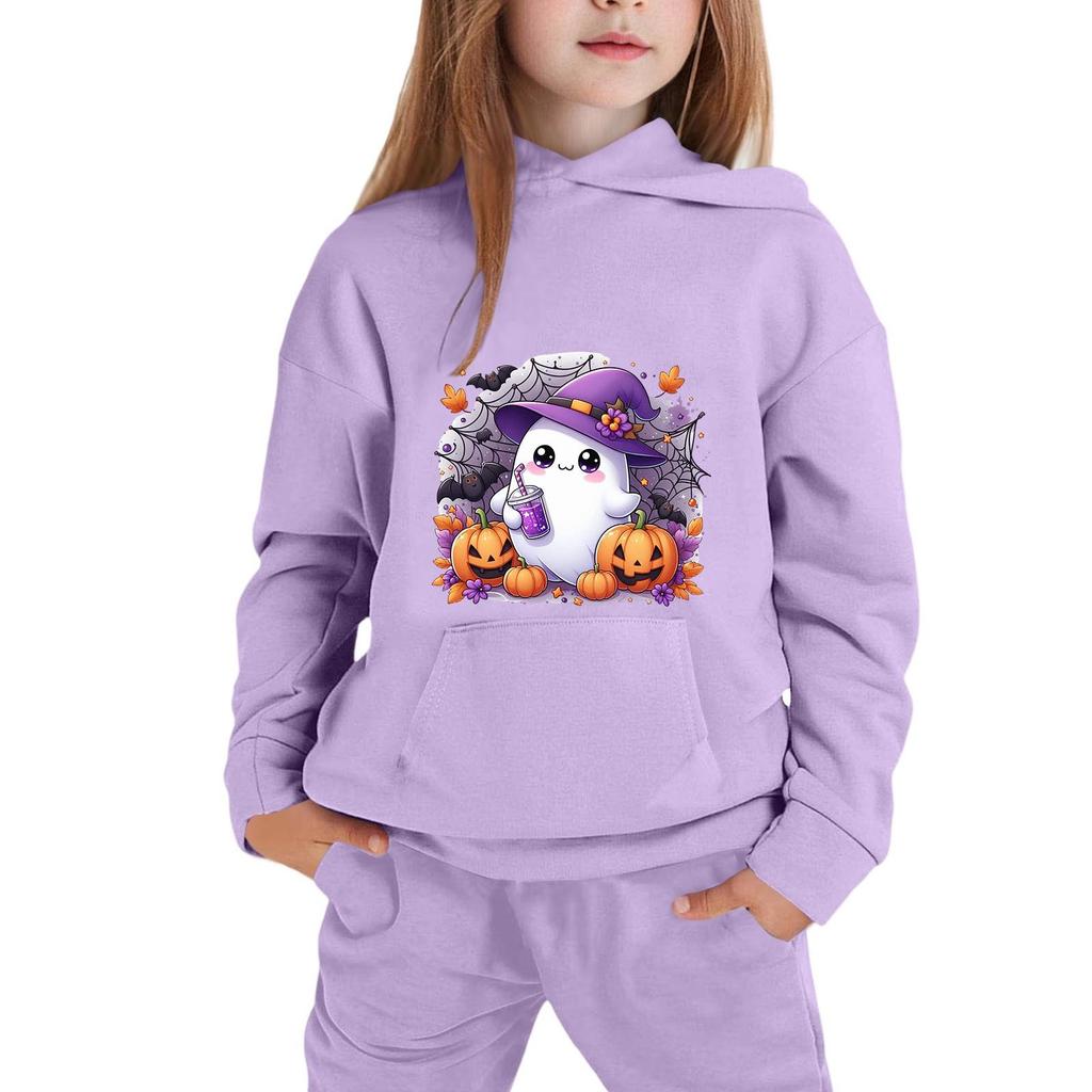 Kids Halloween Hoodie Pullover Sweatshirt with Ghost Pumpkin Print Long Sleeve Casual Top for Boys Girls