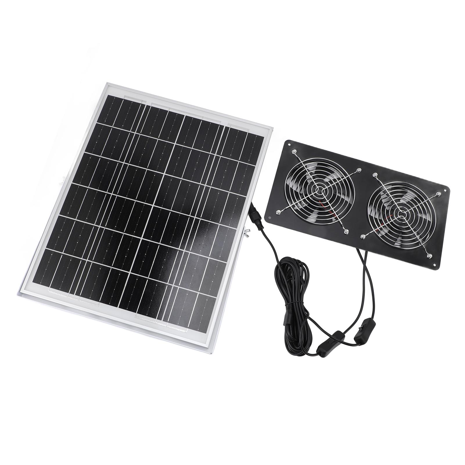 

Solar Dual Fan Kit 30W IP65 Waterproofing Tempered Glass Laminate Aluminum Frame Ventilation Solar Fan for Outdoor Shed Greenhouses