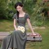Summer New Gray-green Slim Temperament Dress Women's Square Collar Waist Dress Monet Garden