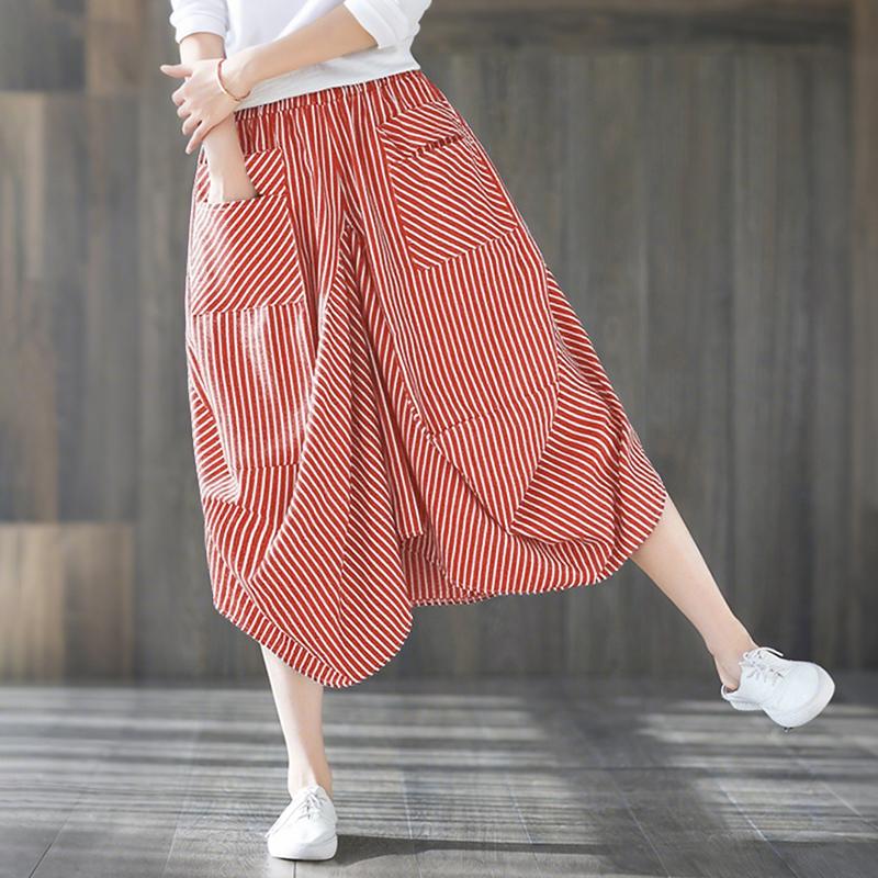 ZANZEA Dame Casual Elastisk Midje Løse Capri Bukser med Stripetrykk