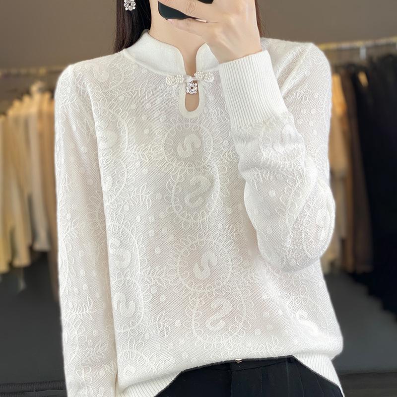 

Женский свободный тонкий вязаный низ с воротником Cheongsam, вязаный крючком с трехмерным тиснением XL белый