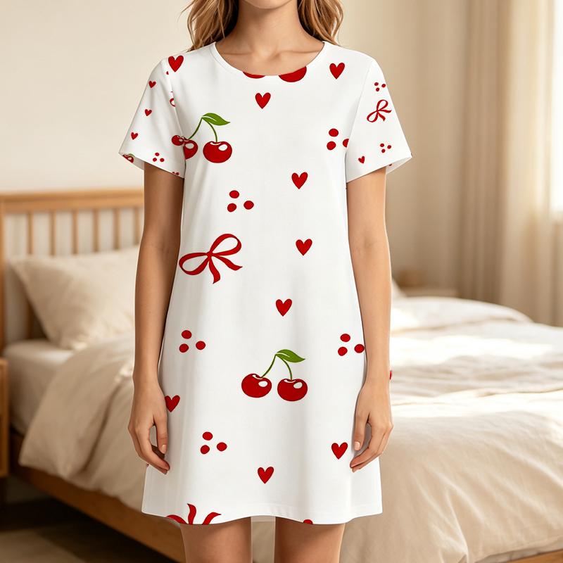Women Short Sleeve Sleep Dress, Round Neck, Cute Red Cherry, Heart And Bow All Over Print, Lightweight Comfort Home Loungewear