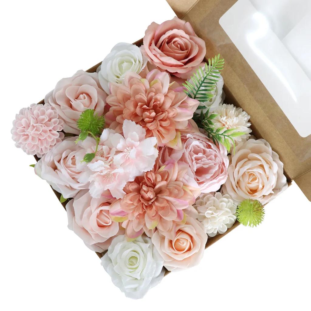 Pink Blue Artificial Flowers Combo Box Set for DIY Floral Arrangement Wedding Bouquet Party Table Centerpieces Decoration