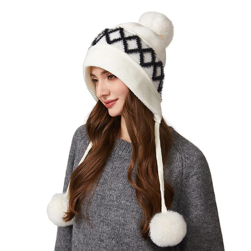 Winter Knitted Hat Big Head Cashmere Three Hair Ball Ear Protection Wool Hat for Women