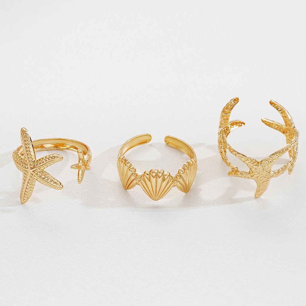 3pcs Bague Empilable Élégante Plage Étoile de Mer Coquillage Bague Ouverte Fer Or Diamant d'Eau Or Vêtements Quotidien Accessoires de Fête