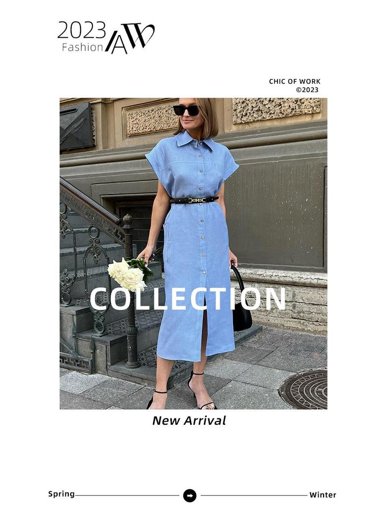 Elegant High Waist Sleeveless Cotton Linen Summer Dress with Turn-Down Collar