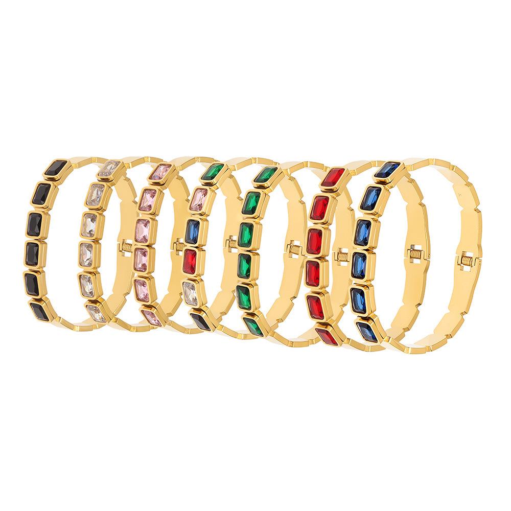 18K Gold Plated Stainless Steel Bracelet with Square Colored Glass Stones In Trendy European and American Niche Design - Fade Resistant.