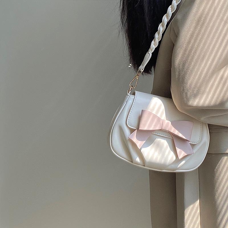 Summer Sweet and Cute Bow Small Round Bag, Pleated Cloud Bag Soft Shoulder Messenger Bag Women