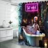 Lustiger Gothic Schädel Duschvorhang Halloween Gruseliger Schädel Skelett in Badewanne Grüne Pflanze Gruselig Kreativer Stoff Badezimmerdeko