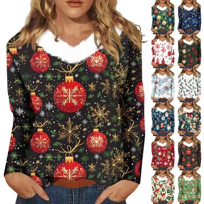Women's T Shirt Shirt Long Sleeve Christmas Party Printed Plush Collar V Neck  Top