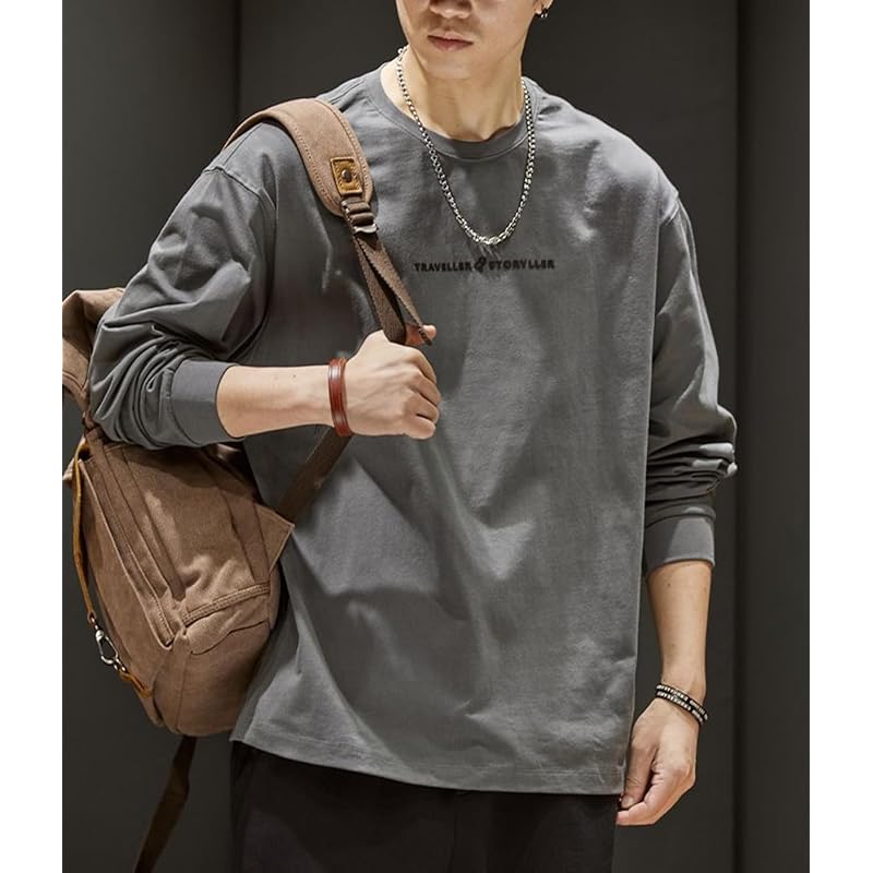 [EASTEMPO] t-shirt men's spring long sleeve Fashionable cotton Plain color casual Relaxing big size (JP, alphabet, M, gray)