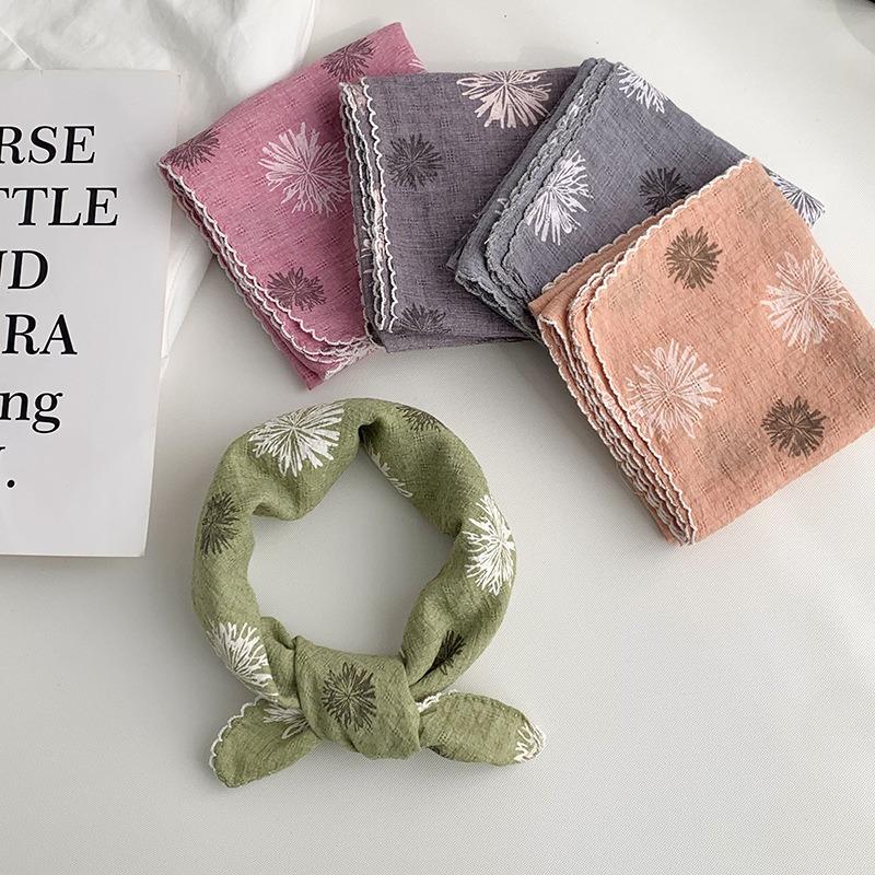 Cotton and linen silk scarf neck small square scarf summer retro literary floral decoration neck protection small scarf scarf headscarf headband