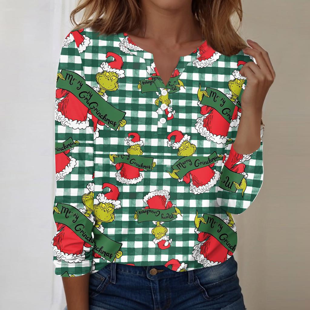Women's Fashion Casual V-Neck Long Sleeve Decorative Button Christmas Print Top