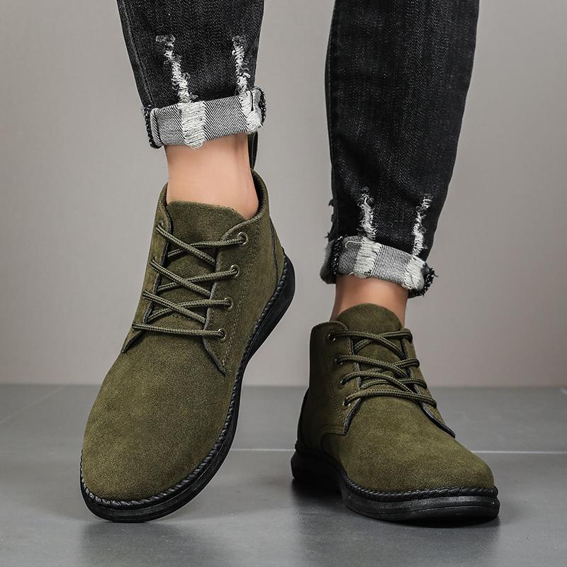 Autumn Spring Men's High Top Casual Board Shoes Men's Lace Up Suede Black Flat Bottom Short Boots Men's Chelsea Boots