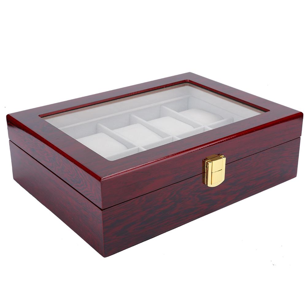 Wooden 10 Grid Watch Display Box Transparent Window Watch Storage Box (Red)