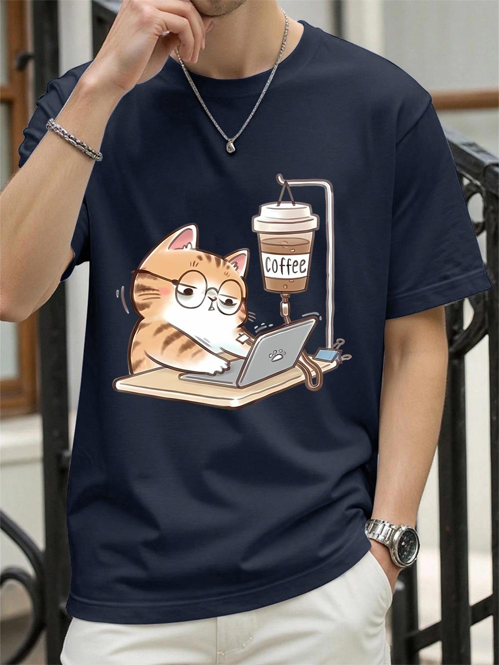 

Work Cats With Coffee Print TShirts Women Summer Cotton Short Sleeve T Shirt ONeck Comfortable Loose Tops Basic Woman Clothes 4XL