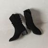 Krazing Pot Cow Suede Nubuck Winter Round Toe Modern Boots Med Heels Slip On Pleated Decoration Women Mid-calf Boots
