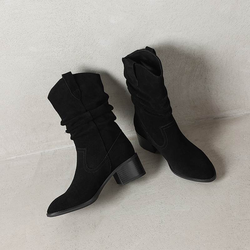 Krazing Pot Cow Suede Nubuck Winter Round Toe Modern Boots Med Heels Slip On Pleated Decoration Women Mid-calf Boots