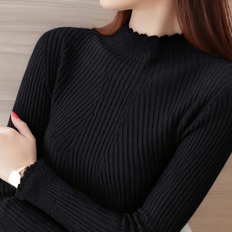 Women's Autumn Winter Lace Half-Turtleneck Long Sleeve Bodycon Pullover Versatile Base Shirt