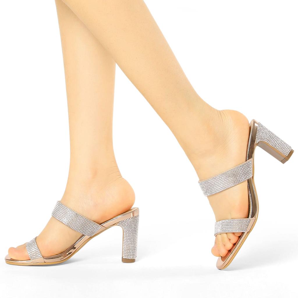 Allegra K Women's Sleek Rhinestone Mule Sandals with Square Toe and Chunky Heel, Rose Gold, Size 26.0cm