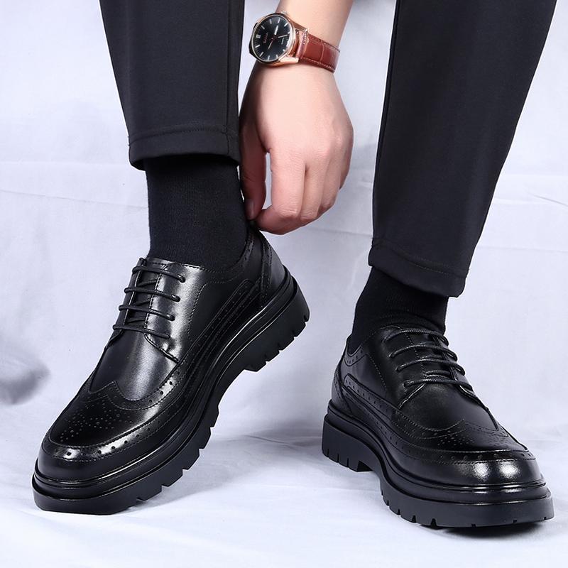 Spring New Men's Genuine Leather British Style Thick Sole Casual Leather Shoes Brand Men's Lace Up Carved Business Leather Shoes