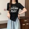 Korean Basic Letter Printed Pullovers Women's Clothing Fashion Folds Irregular Summer Short Sleeve Casual Asymmetrical  T-shirt