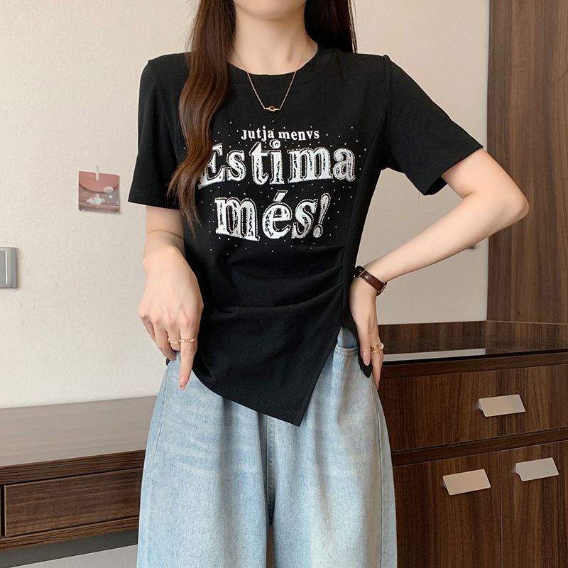 Korean Basic Letter Printed Pullovers Women's Clothing Fashion Folds Irregular Summer Short Sleeve Casual Asymmetrical  T-shirt