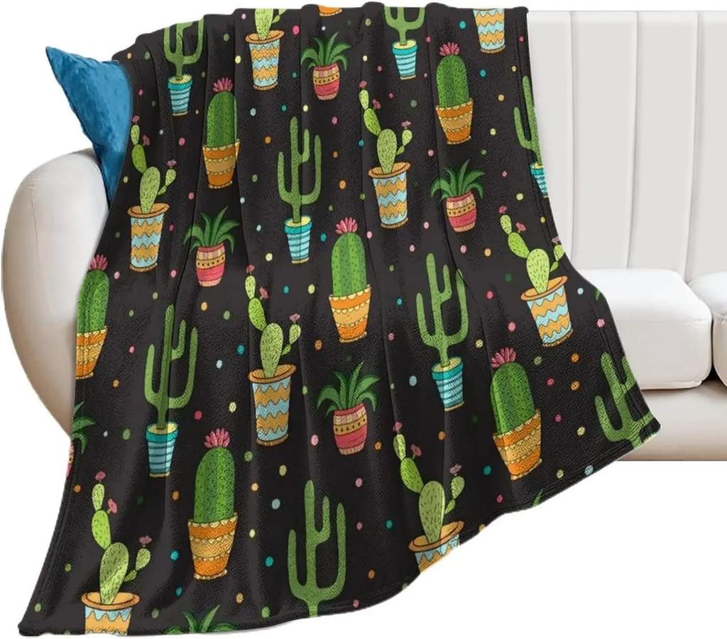 Cactus Flower Summer Flannel Throw Blanket, Colorful Lightweight Flannel Cozy Warm Suit for Couch Gift for Cactus Plant Lover