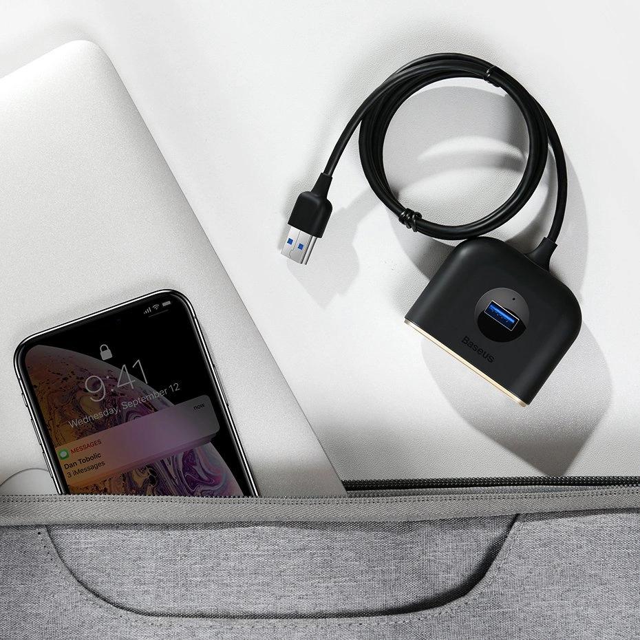 Baseus Square Round 4 In 1 Usb Hub Adapter(Usb3.0 To Usb3.0*1+Usb2.0*3) 1M Black (Cahub-Ay01)