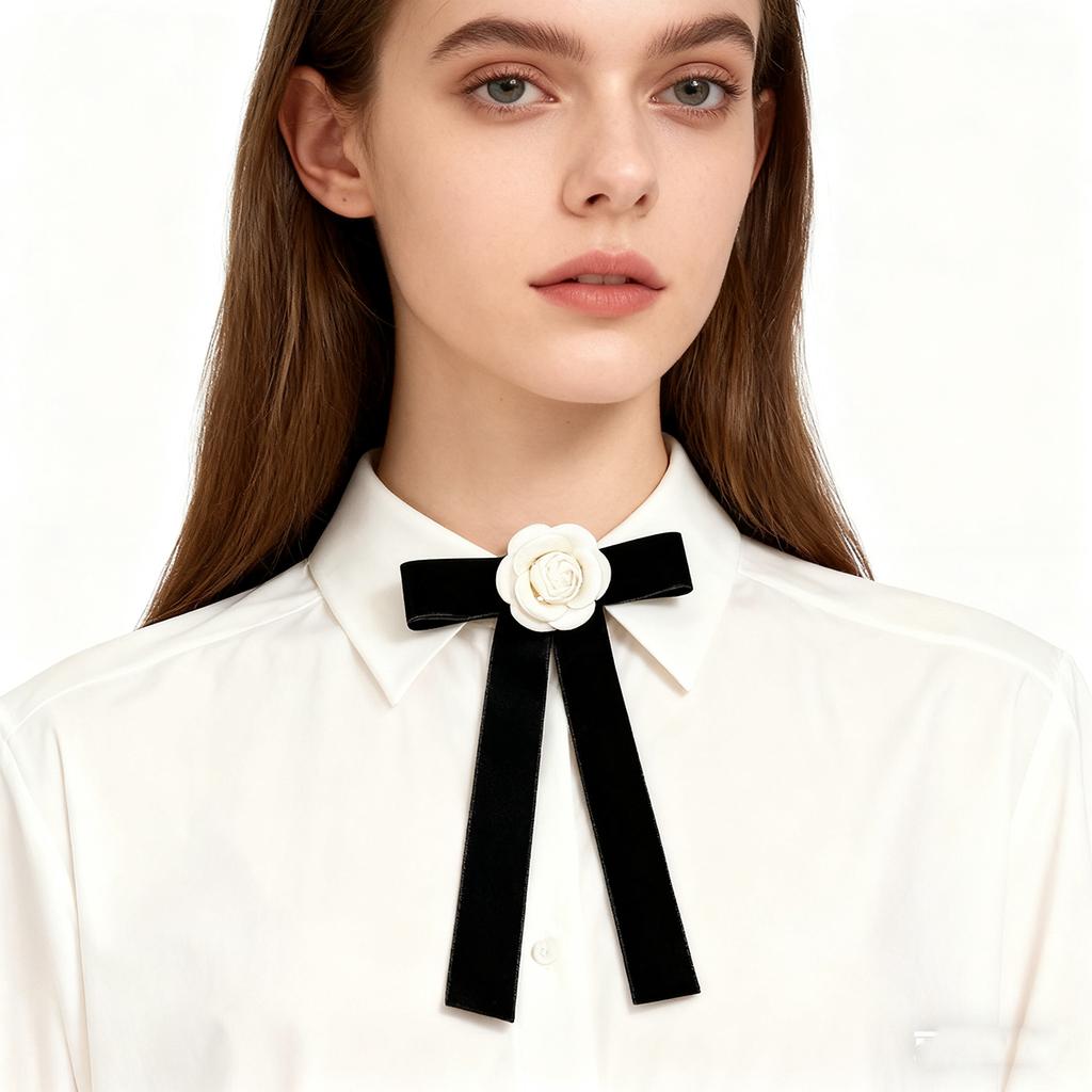 Camellia Flower Brooches Pin Pre-Tied Bowknot Pin Collar Neck Clips Wedding Party Bow Tie Neck Tie Lapel Pins for Women Girls