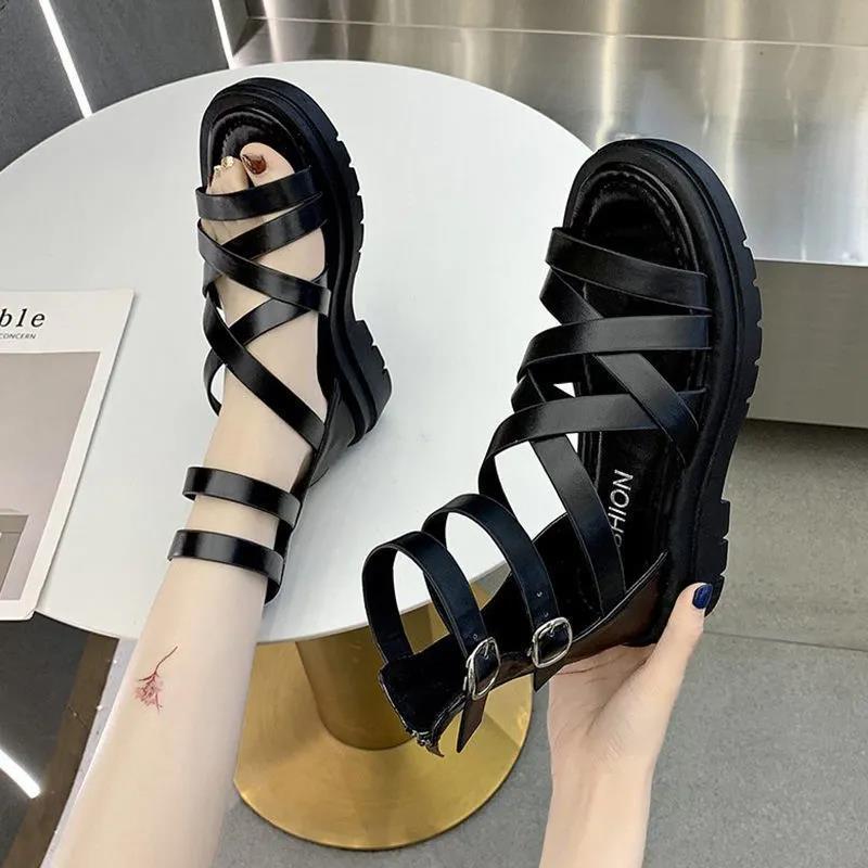 New Summer Versatile Student Fairy Style Flat Bag Heel Sandals Women's Cross Strap Roman Shoes Ins