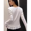 Women's Slim Fit White Lace Trim Long-Sleeved T-Shirt, Round Neck, Korean Style, Perfect Base Layer for Early Autumn
