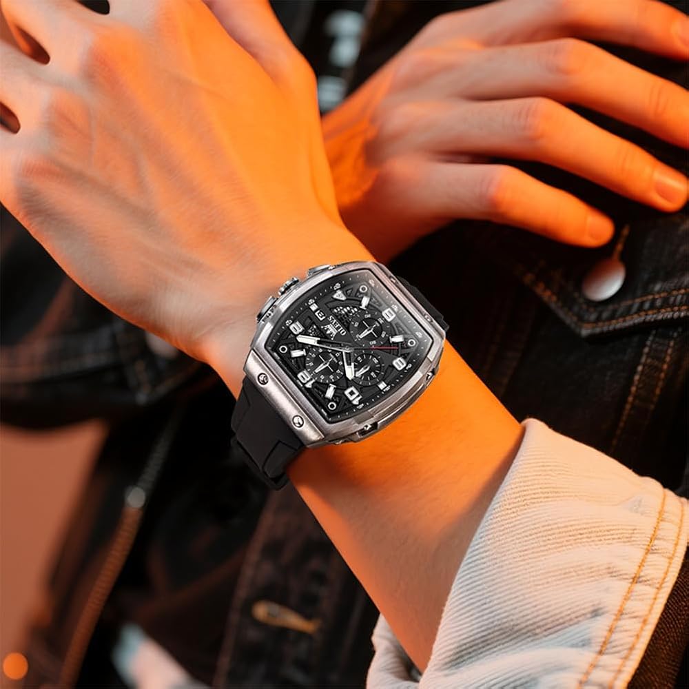 Relógio OLEVS Masculino Estiloso Cronógrafo à Prova d'Água Multifuncional com Pulseira de Silicone Prata Preto