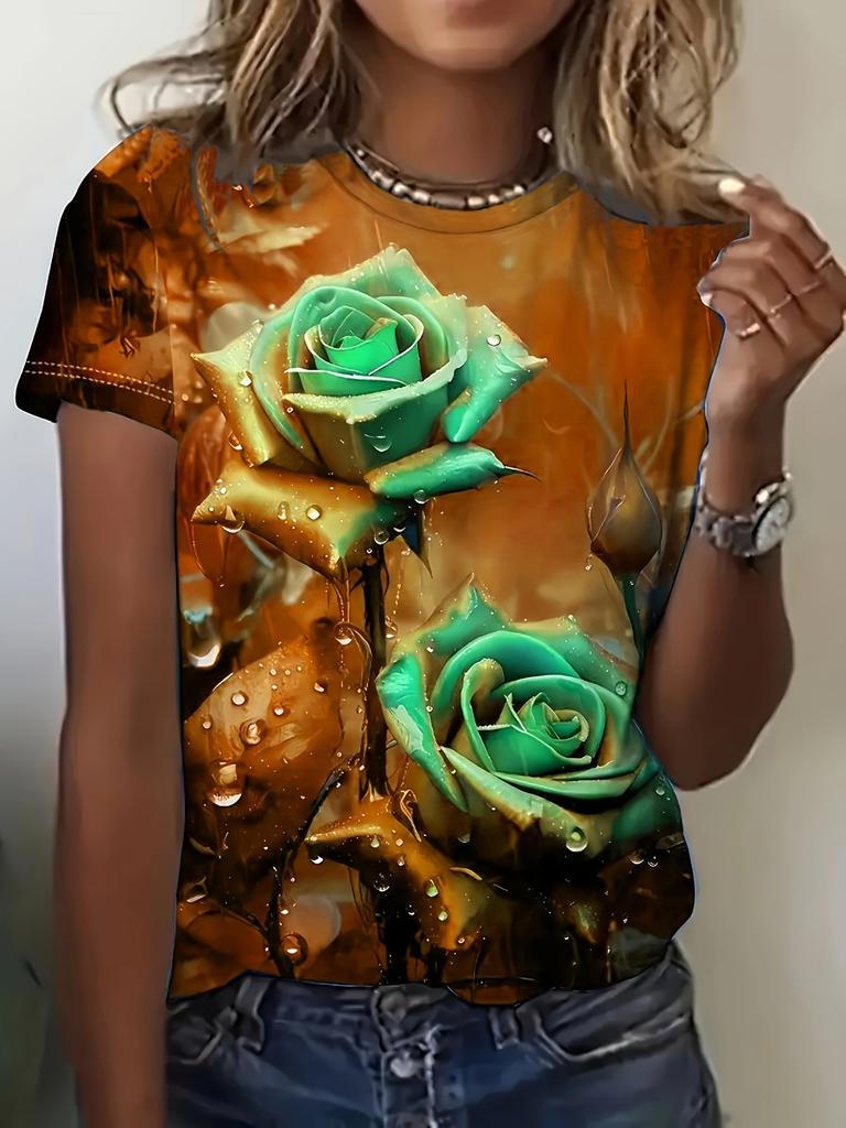 Teal & Purple Women's Tee - Dewy Rose Graphic, Vibrant Floral Print Design for Casual Daily Wear