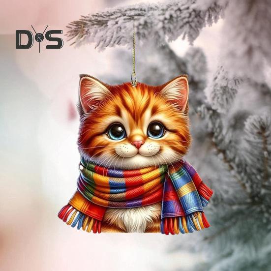 Cat Pendant Acrylic Mini Cartoon Cat Wearing Scarf Ornament Kitten Hanging Ornament for Xmas Tree Car Backpack