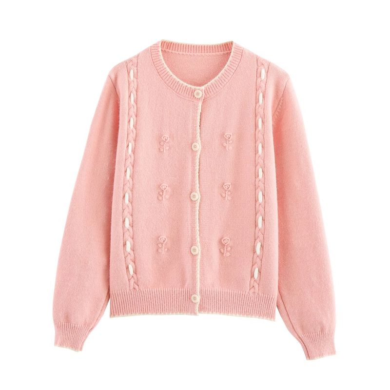 Kaslead New Arrival Women's Clothing Fashion Style Three-Dimensional Flower Contrast Color Hook Cable Stitch round Neck Knitting Cardigan Outwear
