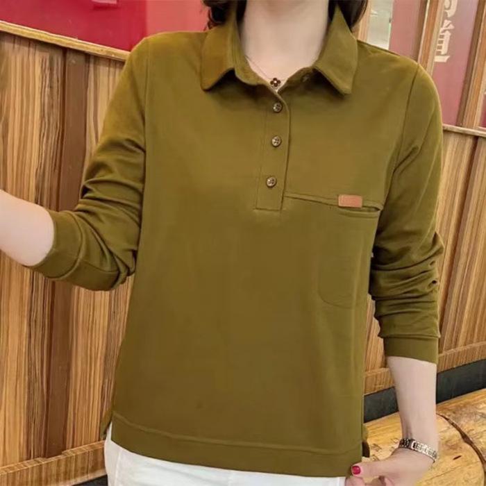 Women's Lapel Sweatshirt: Loose, Belly-Covering, Long-Sleeved Top for Mid-Aged Mothers, Perfect for Spring and Autumn Casual Wear.