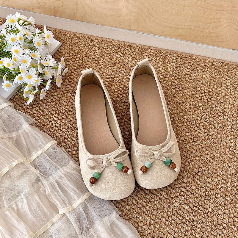

Французский бант круглый носок балетки туфли феи плоские нежные вечерние туфли осень новые женские маленькие одинарные туфли 40 бежевый