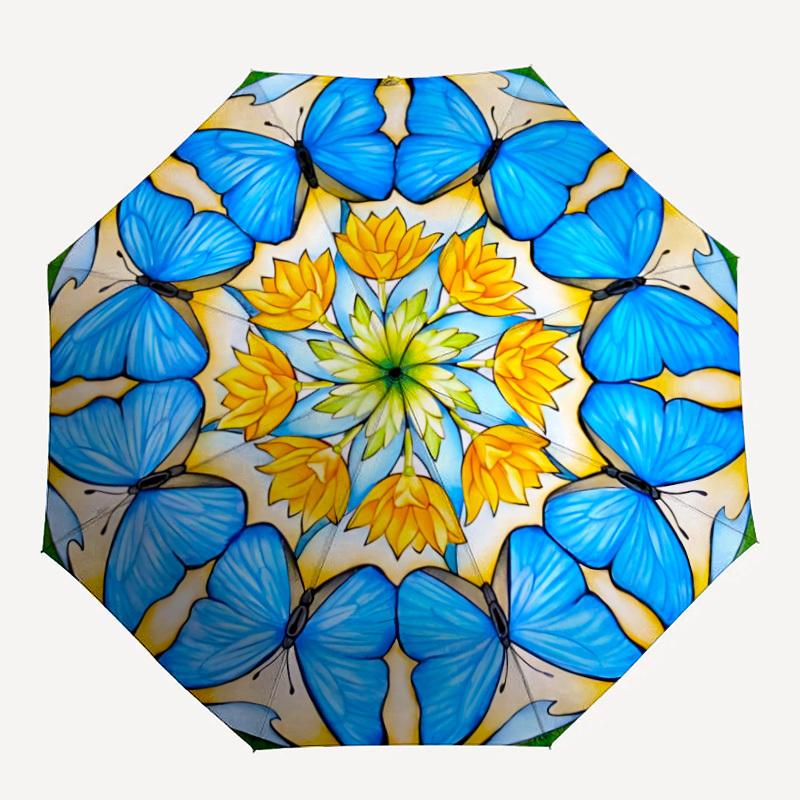 

1PC Butterfly Mandala Automatic Open/close Umbrella with 8-Rib Structure for Women/Men, All-Season Use - Travel Essential, Stylish Accessory, Highqual