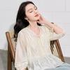 SANCITY Acetate Pleated V-Neck Lantern Sleeve Top
