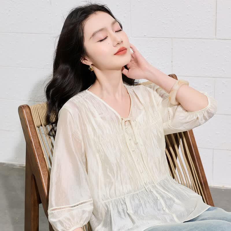 SANCITY Acetate Pleated V-Neck Lantern Sleeve Top
