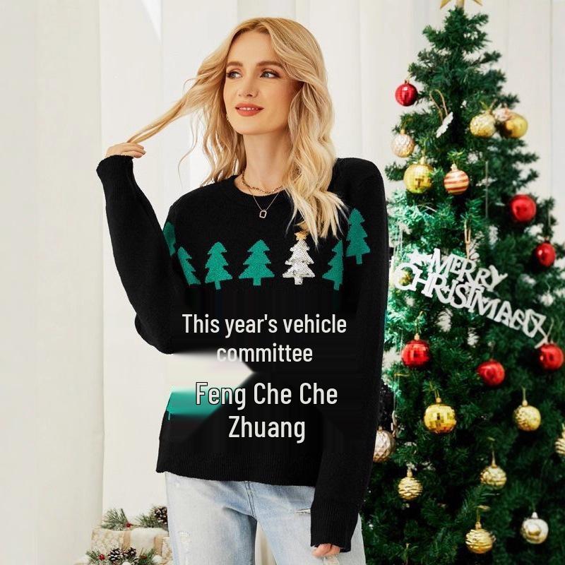 European American Women's Red Christmas Tree Knitwear Pullover Sweater - Long Sleeve, Autumn Winter Fashion
