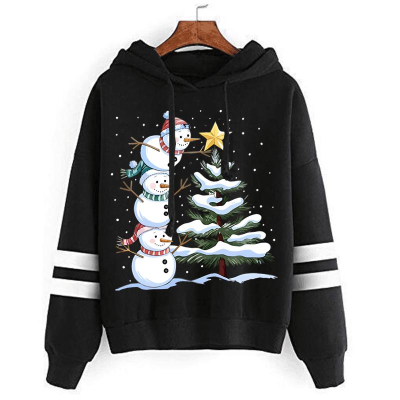 Women Cartoon Snowman Xmas Tree Graphics Sweatshirts Female Long Sleeve Drawstring Creative Hoody