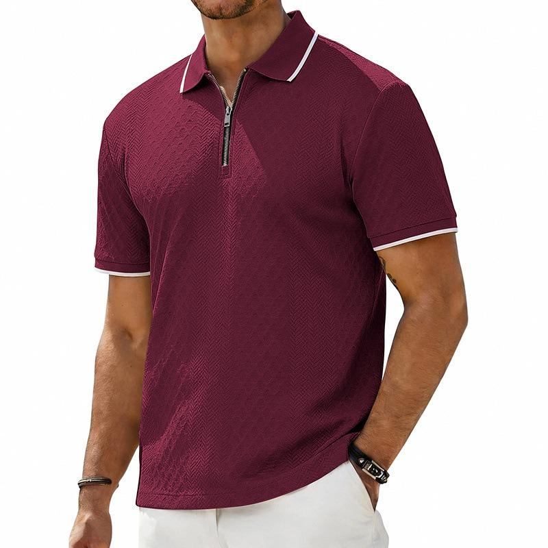 Men's Heavyweight Vintage Loose Jacquard Zip Short Sleeve Polo Shirt.